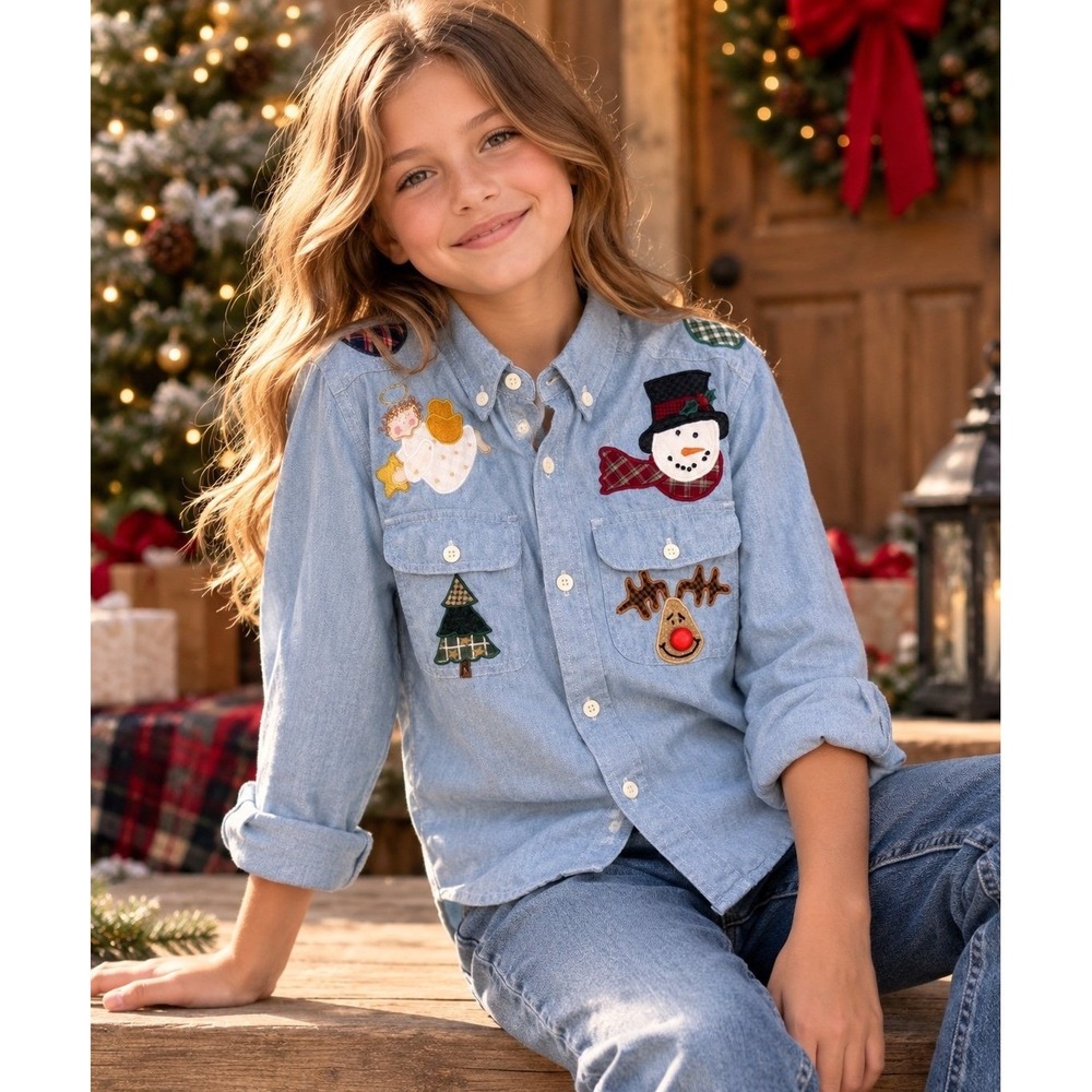 High Sierra Girls 10-12 M Christmas Chambray Shirt Snowman Reindeer Applique